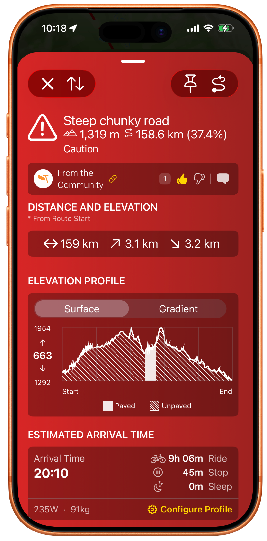 BikepackPro app showing route intelligence with elevation profile, surface type, and estimated arrival time